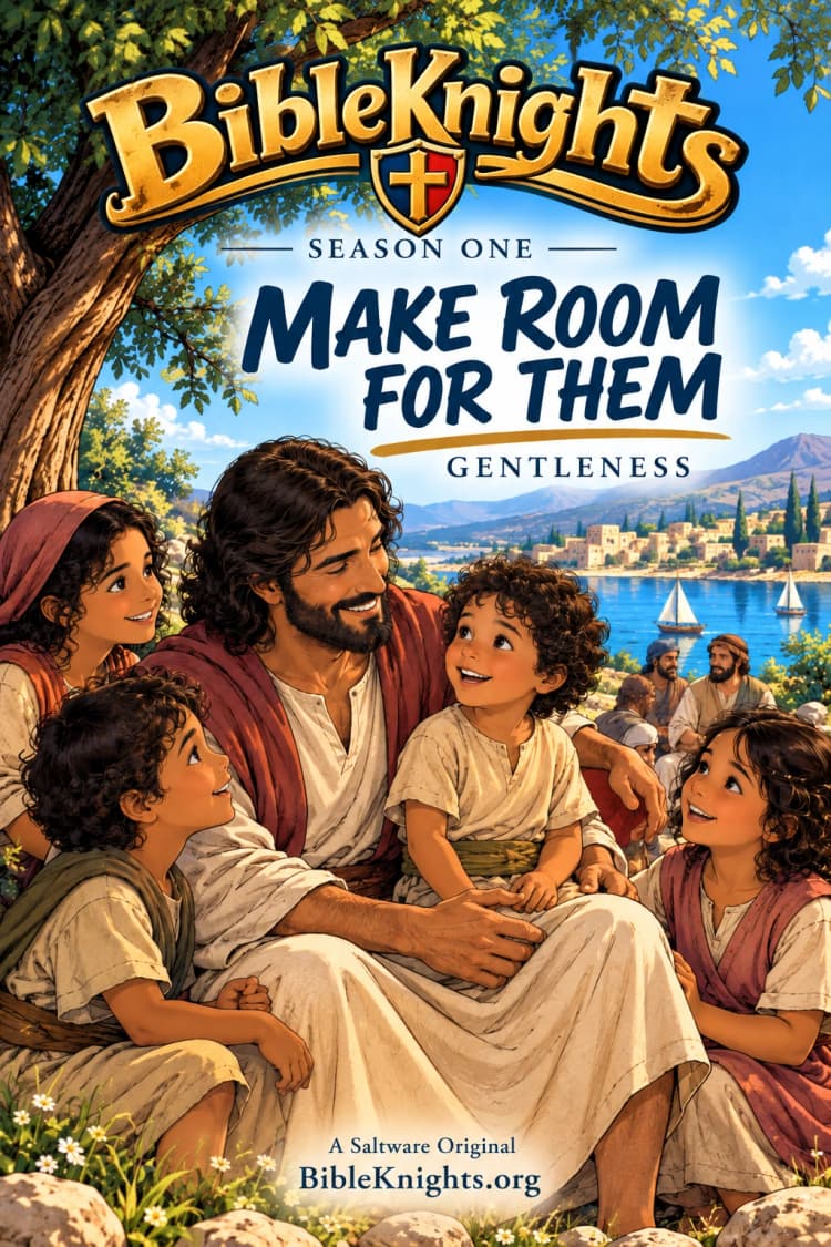 Cover of Make Room for Them, a BibleKnights comic about Jesus welcoming children.
