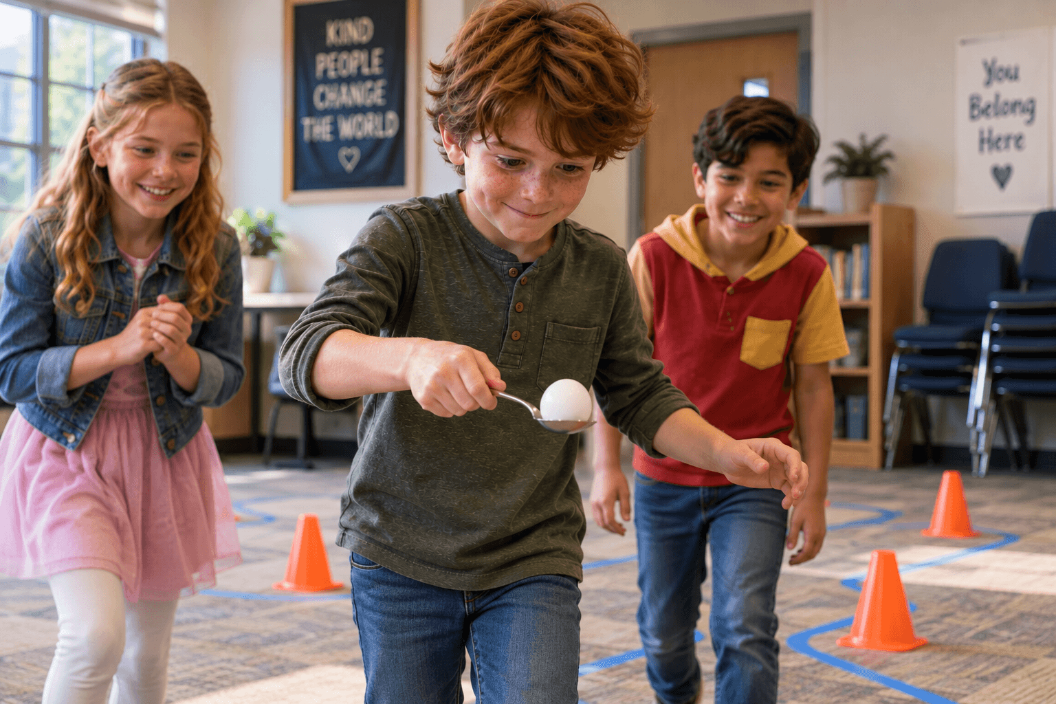 Children guiding an egg on a spoon through a floor obstacle course during the Fragile Egg Challenge.